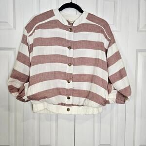 Hem & Thread Cotton Snap Front Medium Lightweight Jacket White Red Stripe